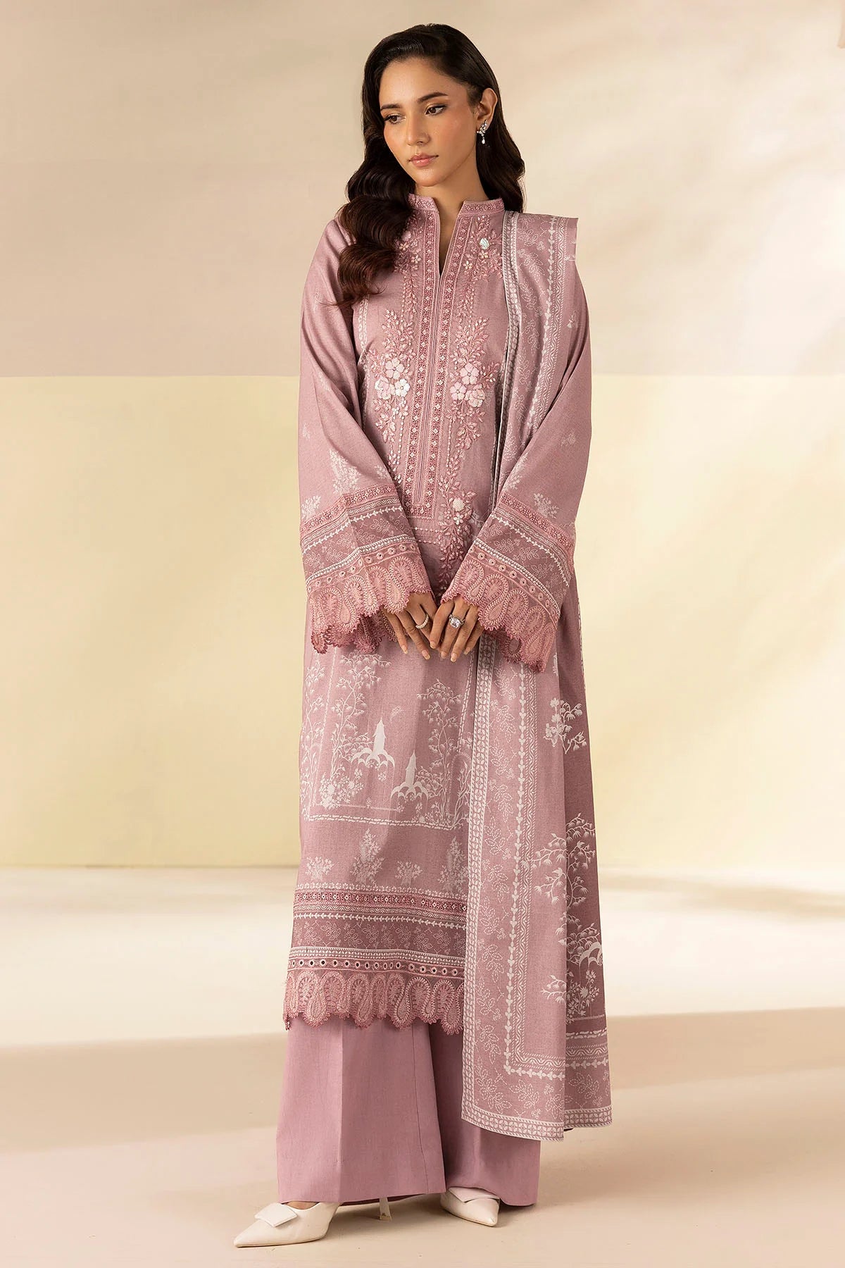 Lavender Embroidered Linen 3PC - Huyaat