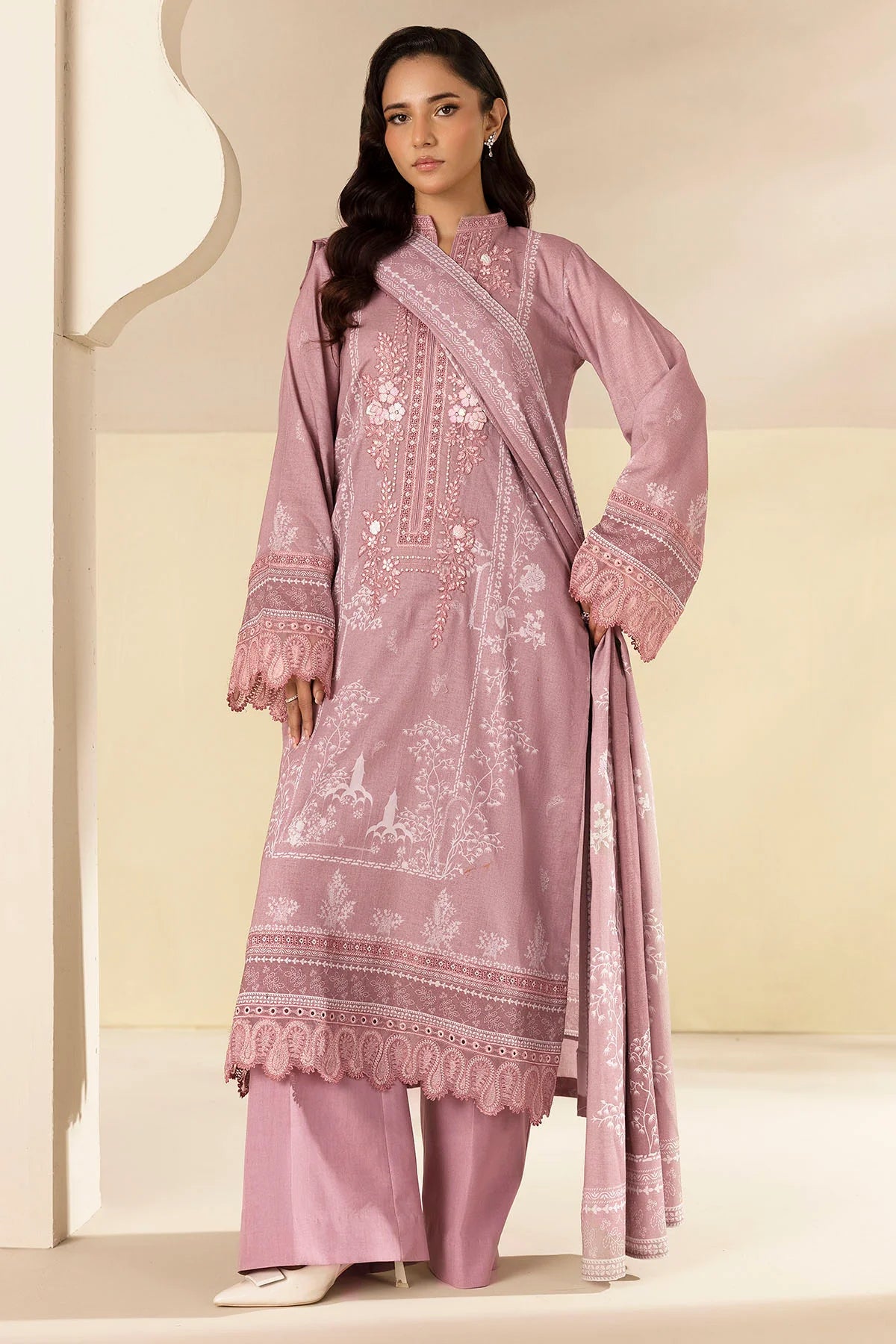 Lavender Embroidered Linen 3PC - Huyaat