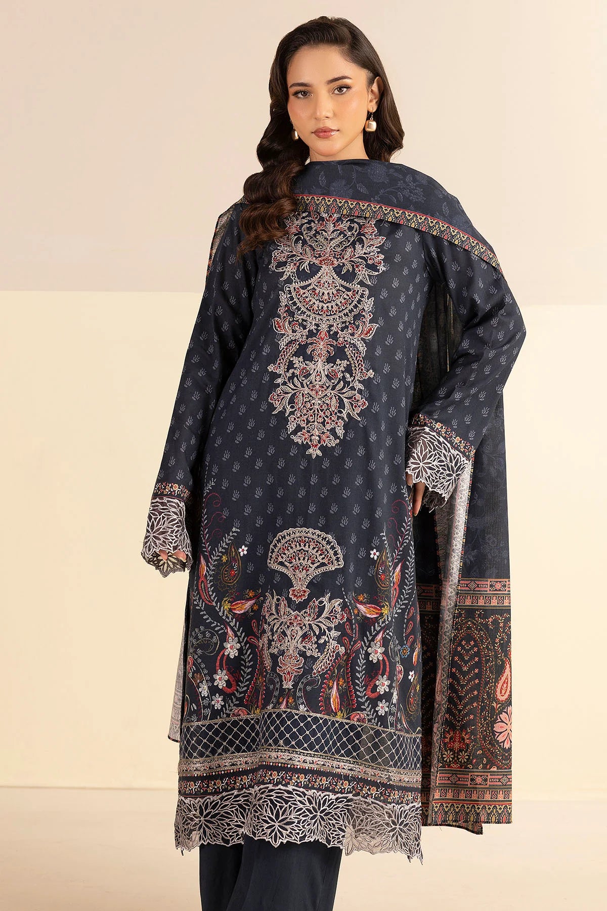 Charcoal Embroidered Linen 3PC - Muniha