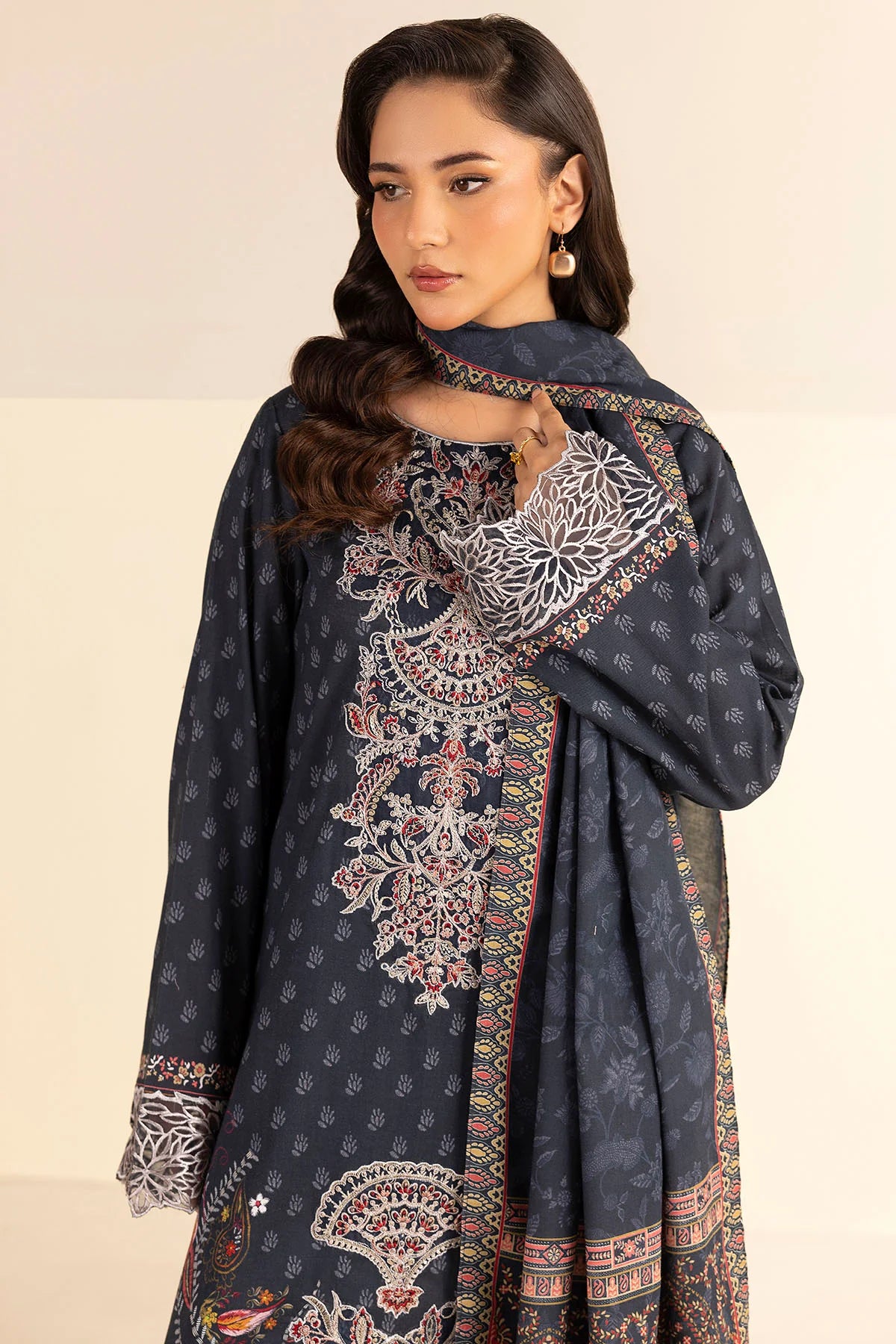 Charcoal Embroidered Linen 3PC - Muniha