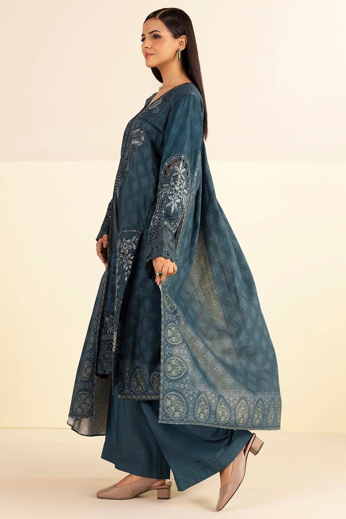 Steel Blue Embroidered Linen 3PC - Haiza
