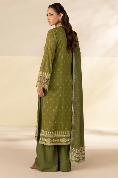 Olive Embroidered Linen 3PC - Nofaal