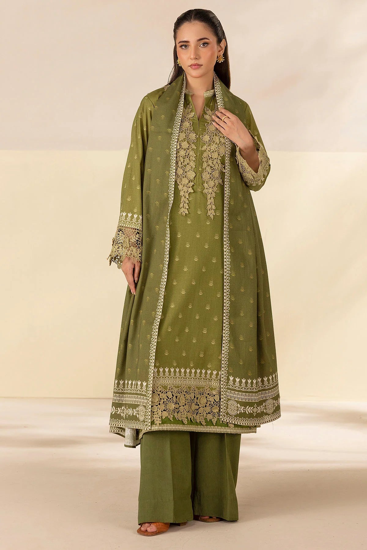 Olive Embroidered Linen 3PC - Nofaal