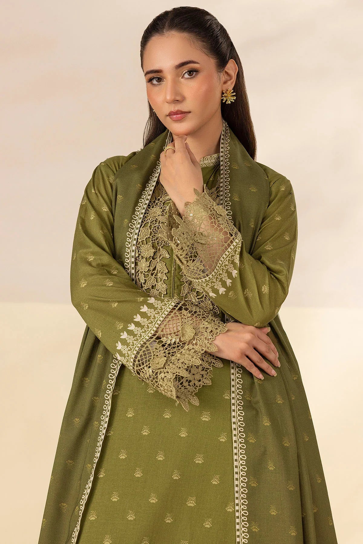 Olive Embroidered Linen 3PC - Nofaal