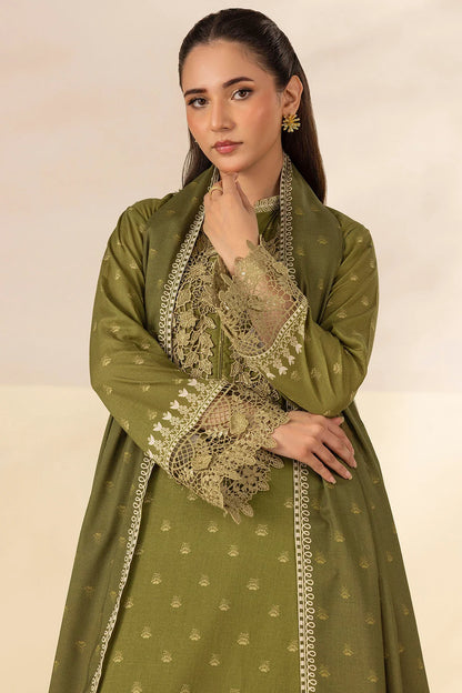 Olive Embroidered Linen 3PC - Nofaal