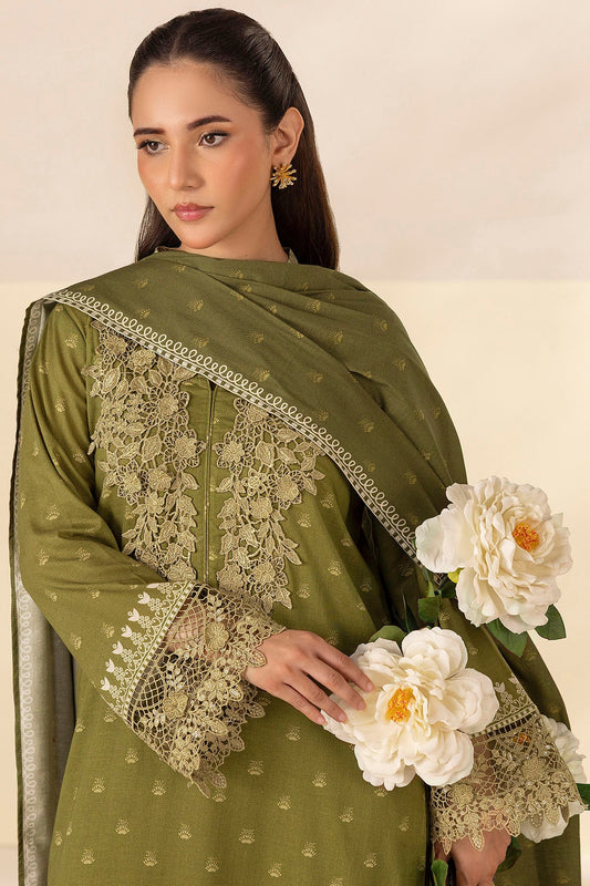 Olive Embroidered Linen 3PC - Nofaal