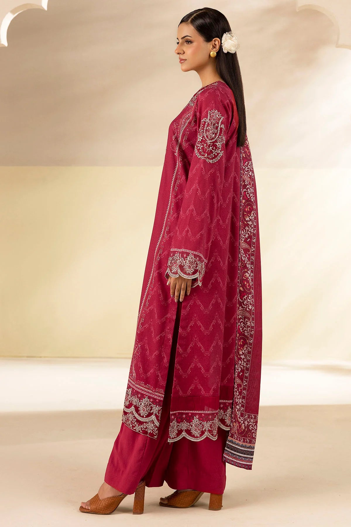 Arshi Pink Embroidered Linen 3PC - Mehza