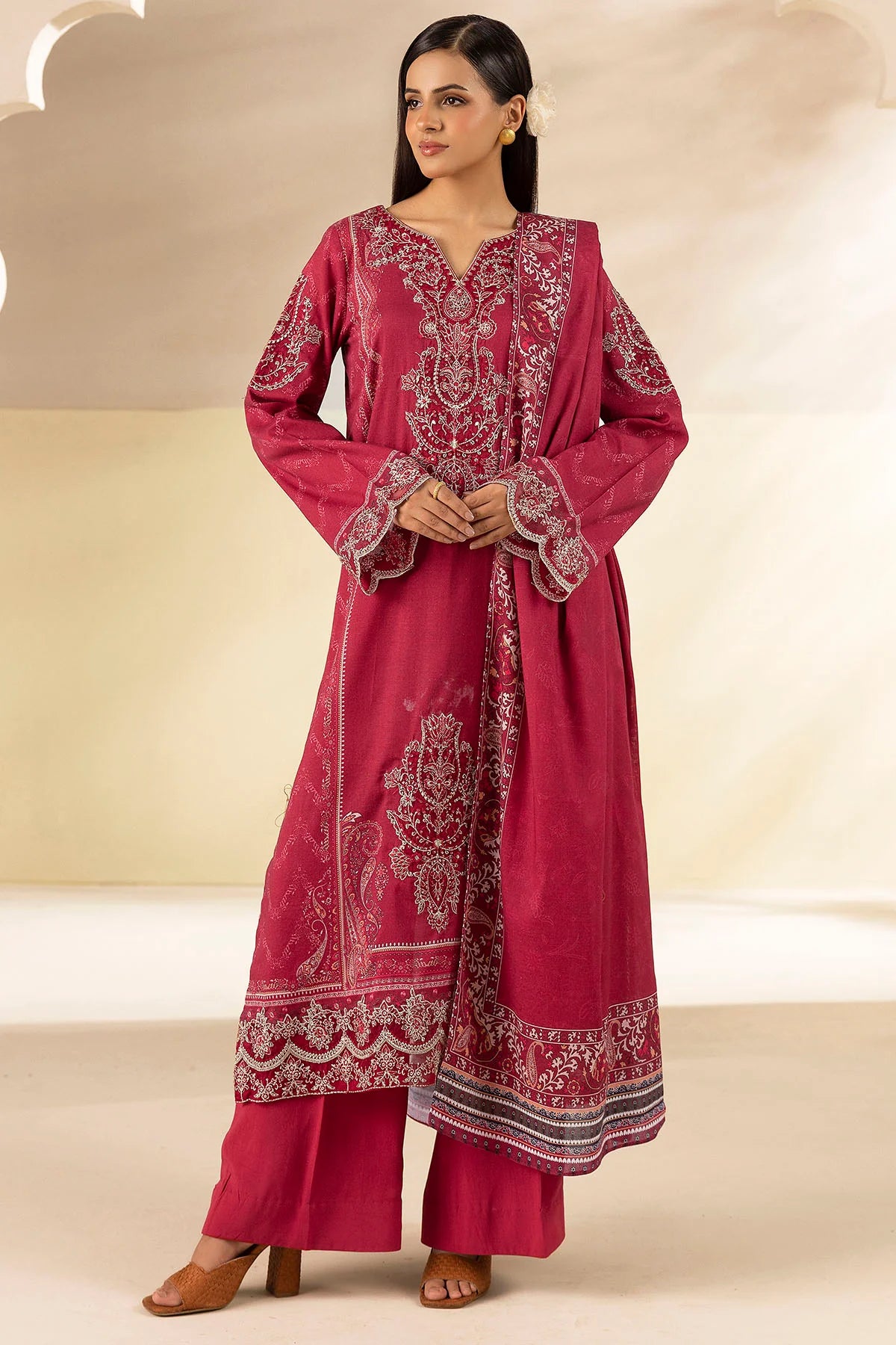 Arshi Pink Embroidered Linen 3PC - Mehza