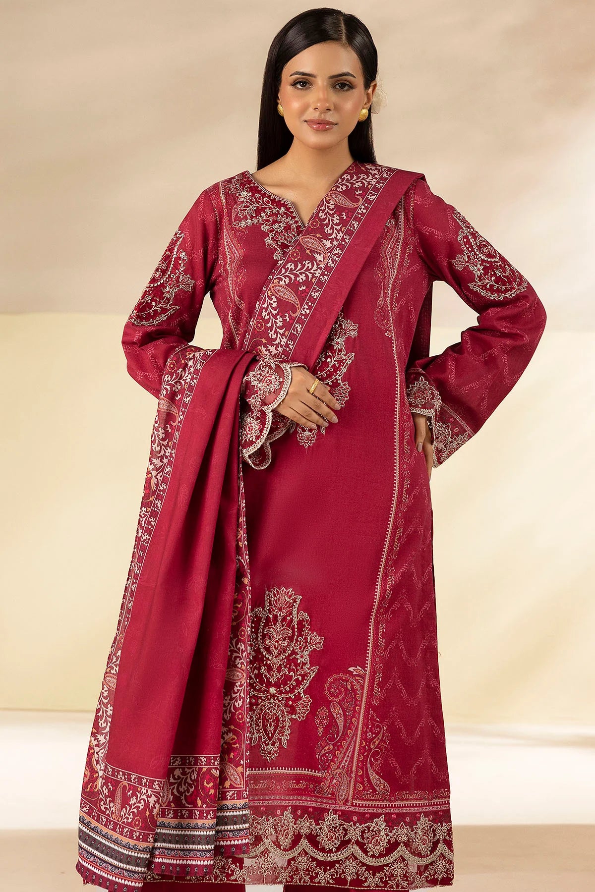 Arshi Pink Embroidered Linen 3PC - Mehza
