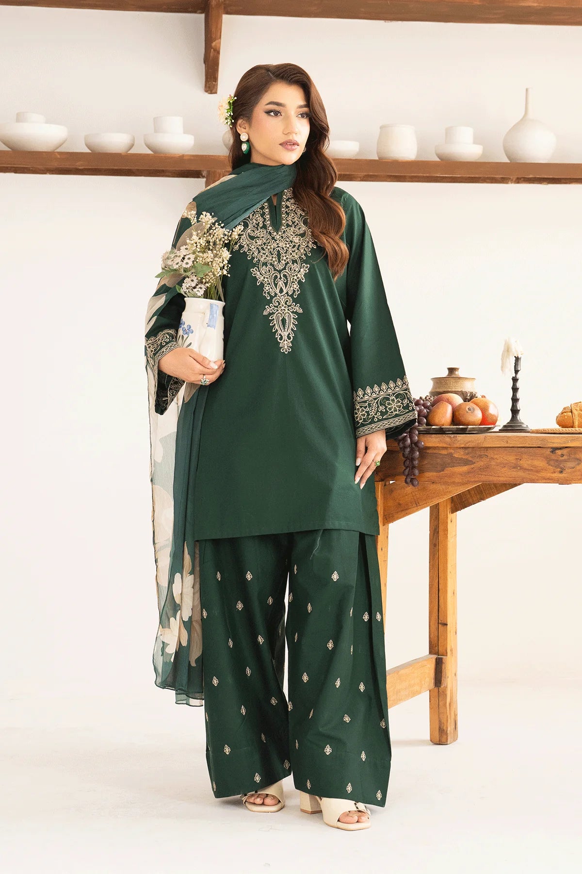 Emerald Green Embroidered Farshi Set