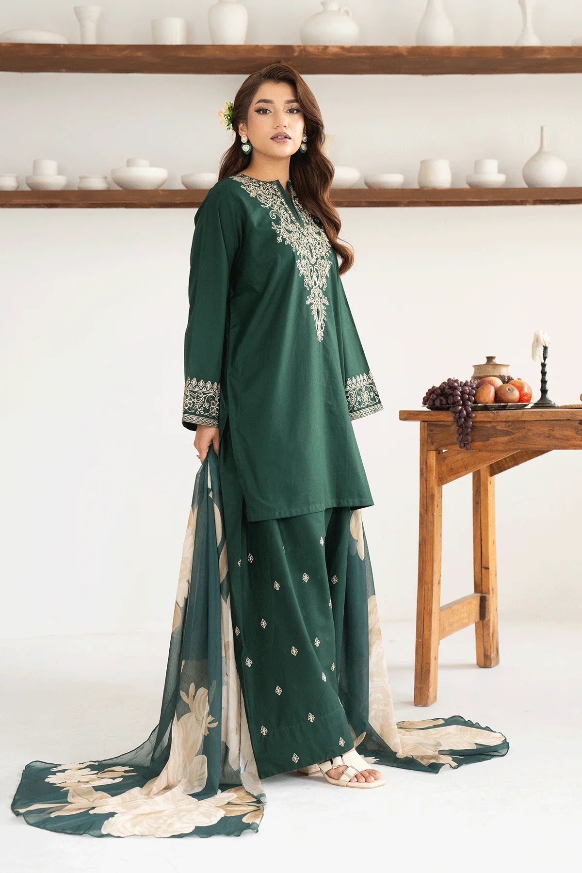 Emerald Green Embroidered Farshi Set