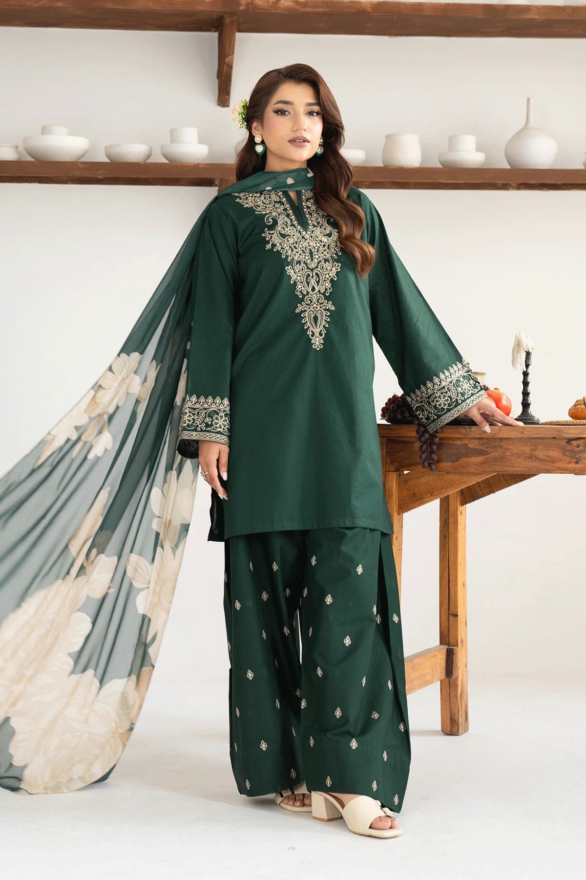Emerald Green Embroidered Farshi Set
