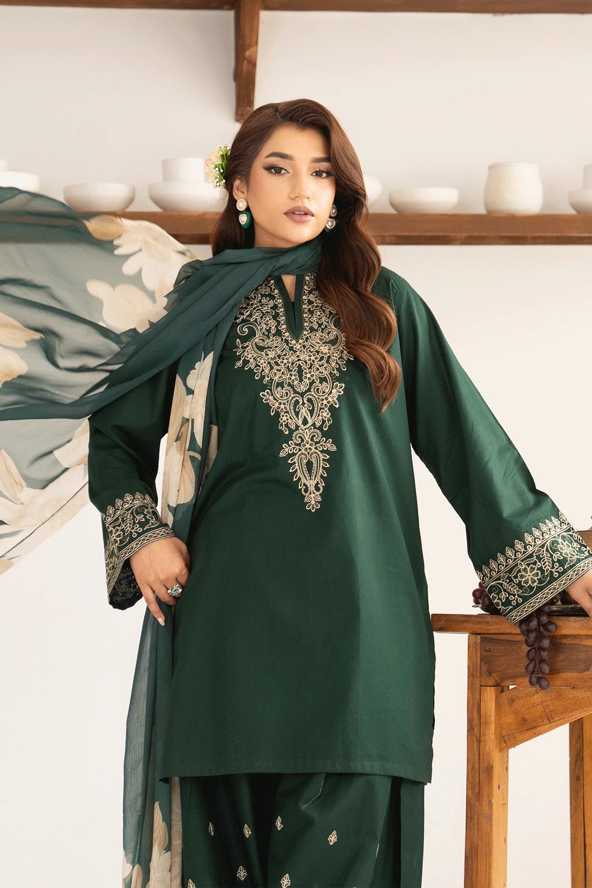 Emerald Green Embroidered Farshi Set