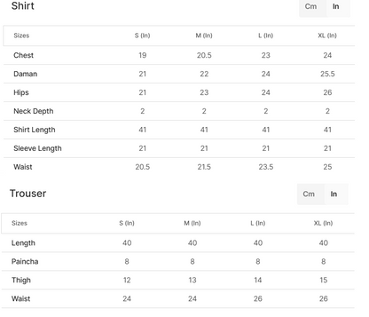 A size chart table showing measurements for shirts and trousers, with columns for sizes S through XL and rows for chest, waist, hips, sleeve length, and other dimensions in inches and centimeters.