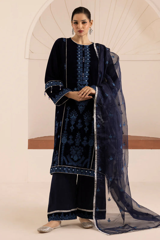 Navy Blue Embroidered Velvet 3-Piece Set