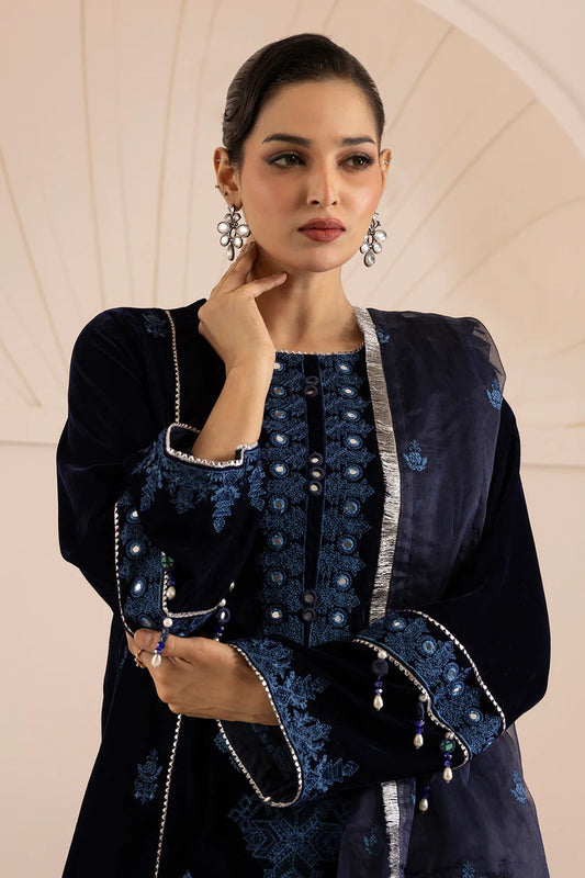Navy Blue Embroidered Velvet 3-Piece Set