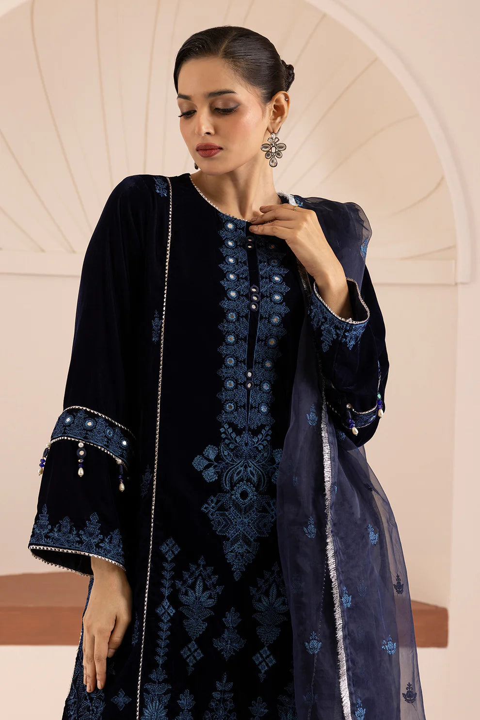 Navy Blue Embroidered Velvet 3-Piece Set