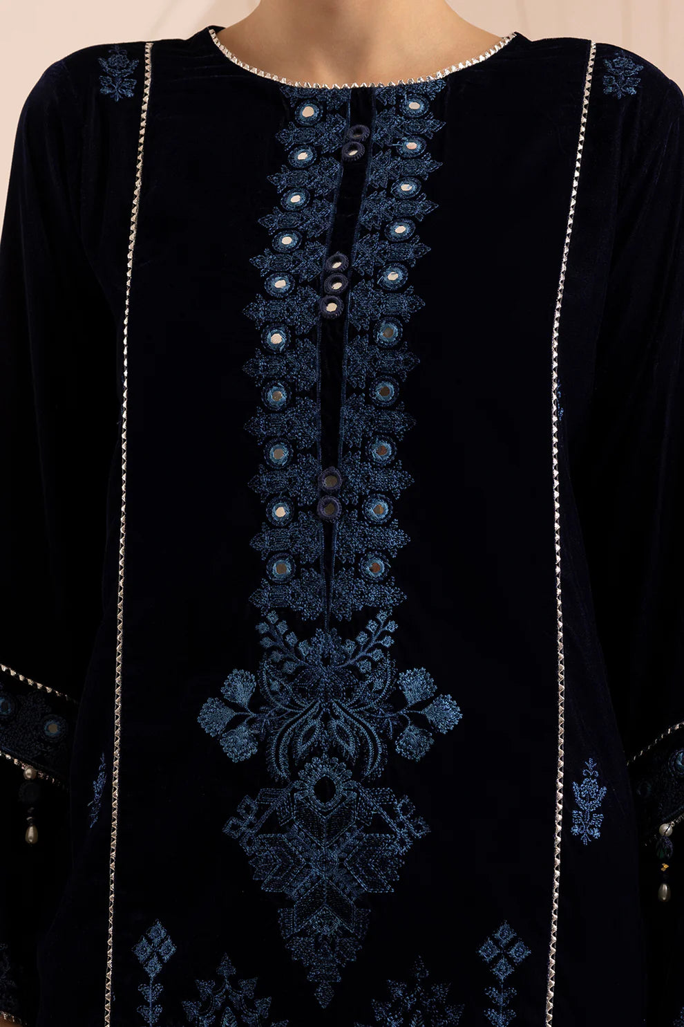 Navy Blue Embroidered Velvet 3-Piece Set