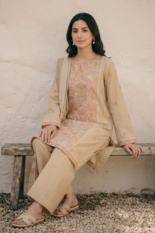 Embroidered Crosshatch 3-Piece Suit – Light Beige