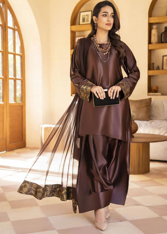 women wearing Pakistani silk farshi shalwar suit in brown in Australia