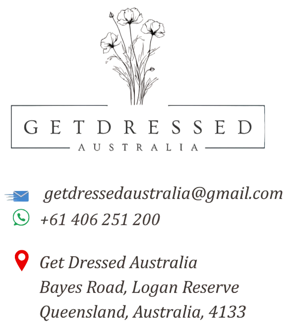 Contact information for Get Dressed Australia on a beige background with floral design.