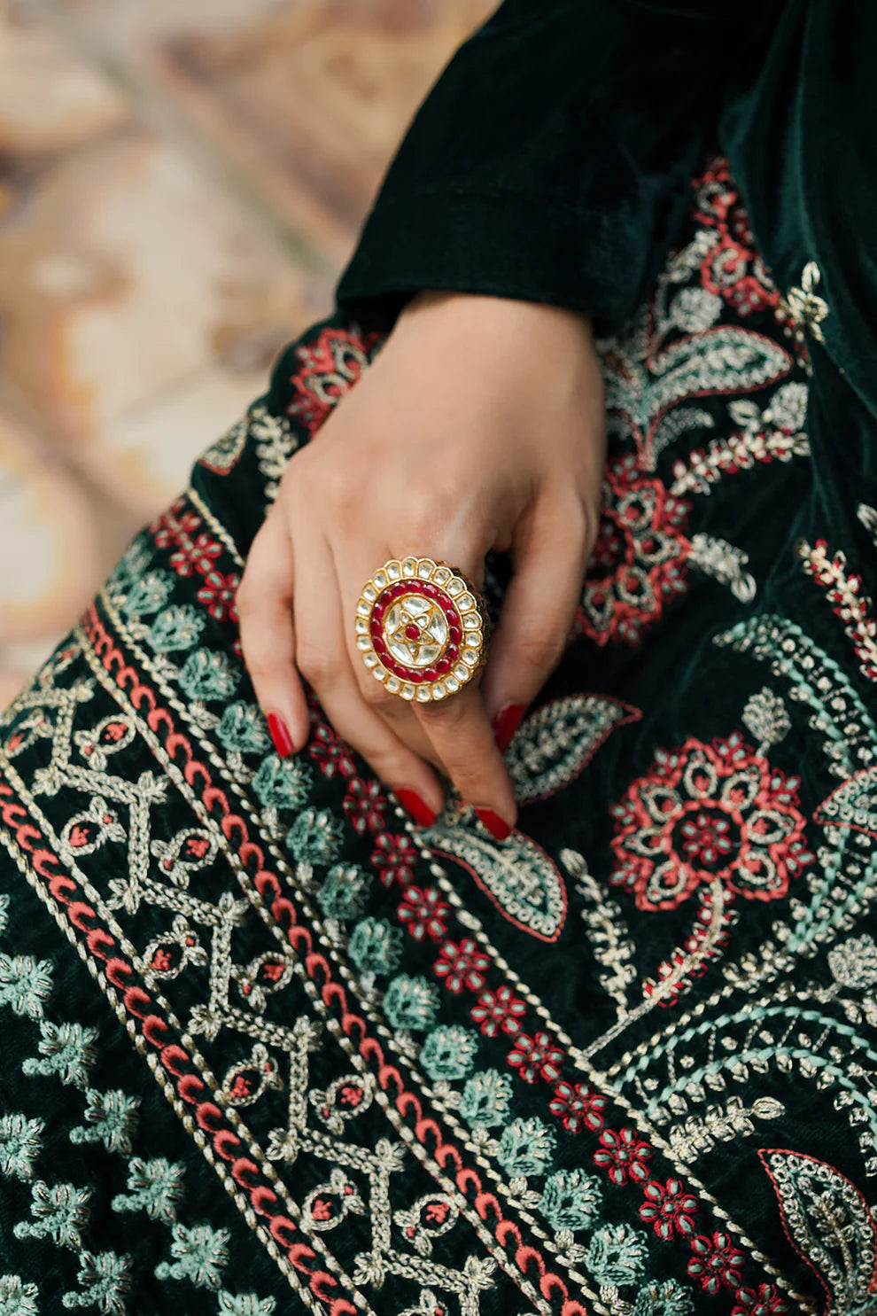 Rich Green Embroidered Velvet 2-Piece Set