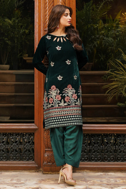Rich Green Embroidered Velvet 2-Piece Set