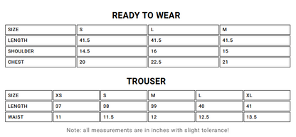 Measurement chart for clothing sizes with lengths, shoulders, chests, and waists in inches.