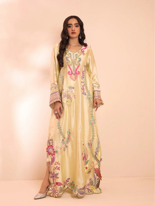 Butter Yellow Sheesha Silk Embroidered Kaftan - Reem