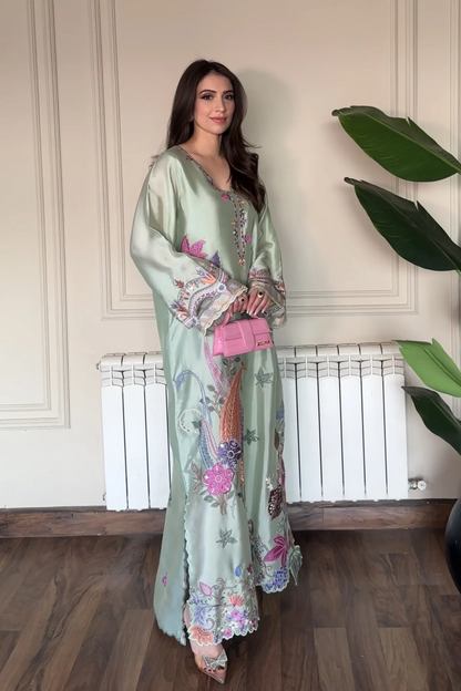 Mint Green Shisha Silk Embroidered Kaftan - Minal
