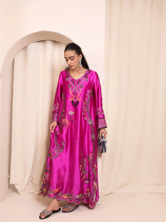 Reem Silk Embroidered Kaftan - Shocking Pink