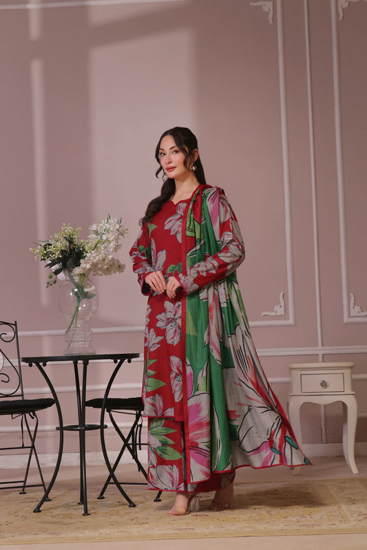 Floral Printed Dhanak - 3 Piece