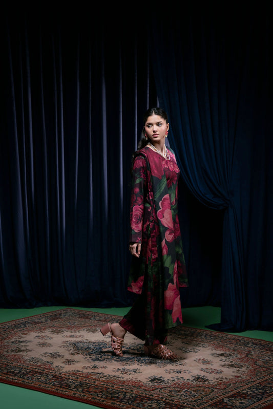 Floral Printed Dhanak Suit - Black