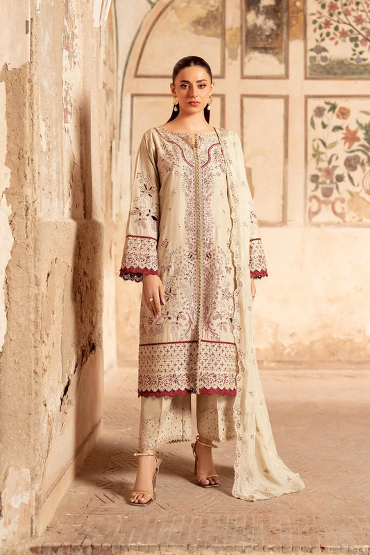 woman wearing three piece beige embroidered lawn suit australia by oanache apparel get dressed australia
