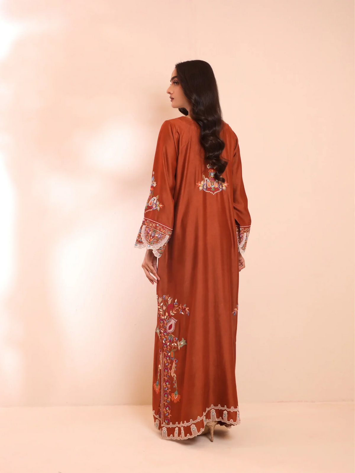 Rust Shisha Silk Embroidered Kaftan - Suriya