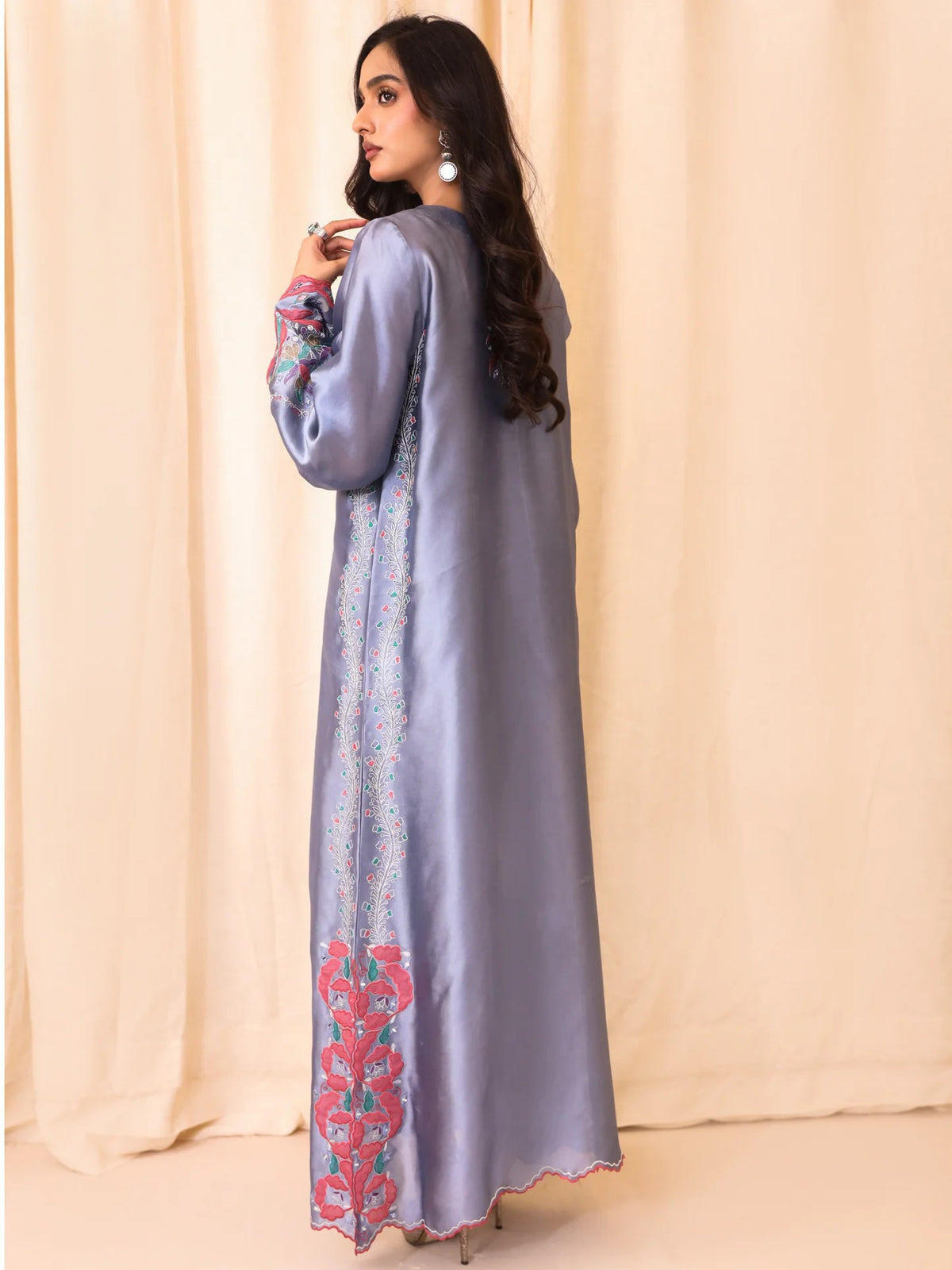 Periwinkle Blue Shisha Silk Embroidered Kaftan - Sania