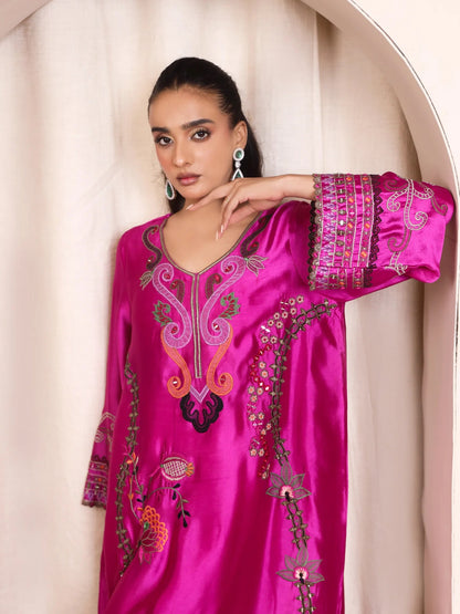 Reem Silk Embroidered Kaftan - Shocking Pink