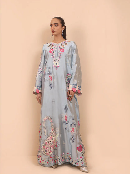 Ice Blue Sheesha Silk Embroidered Kaftan - Myra