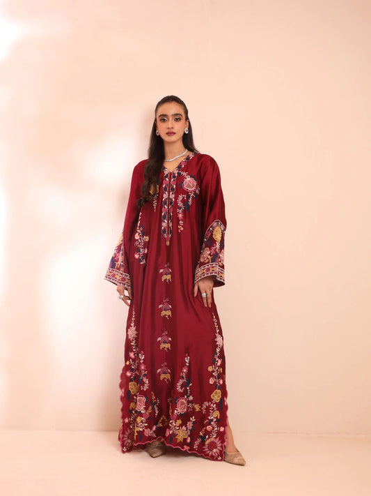 Maroon Silk Embroidered 3D Floral Kaftan - Mehmal