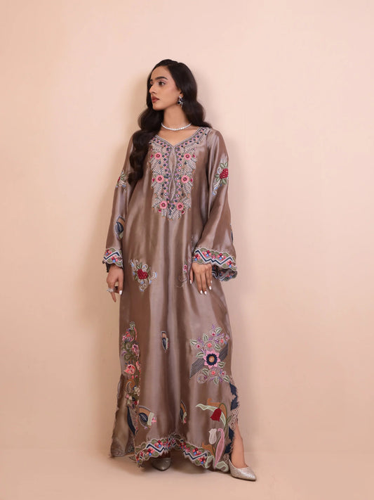 Shisha Silk Embroidered 3D Floral Kaftan - Raya Taupe
