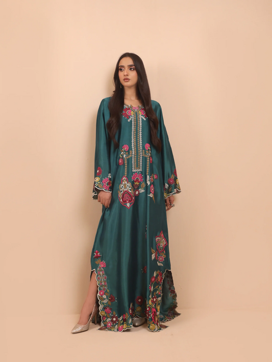 Emerald Green Silk Embroidered Kaftan - Nihaal