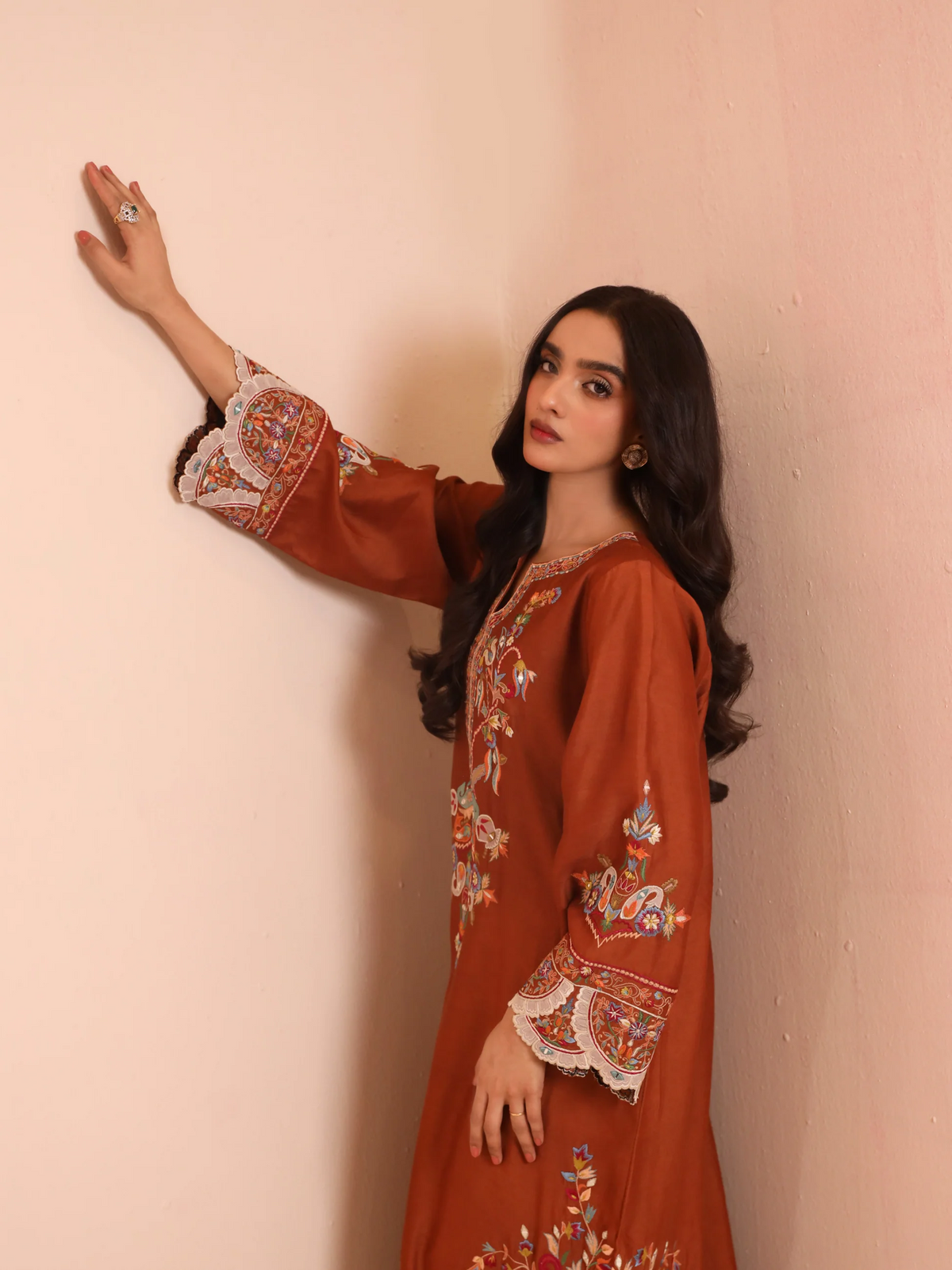 Rust Shisha Silk Embroidered Kaftan - Suriya