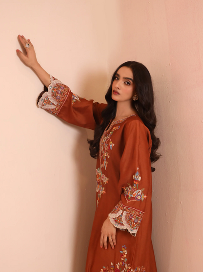Rust Shisha Silk Embroidered Kaftan - Suriya