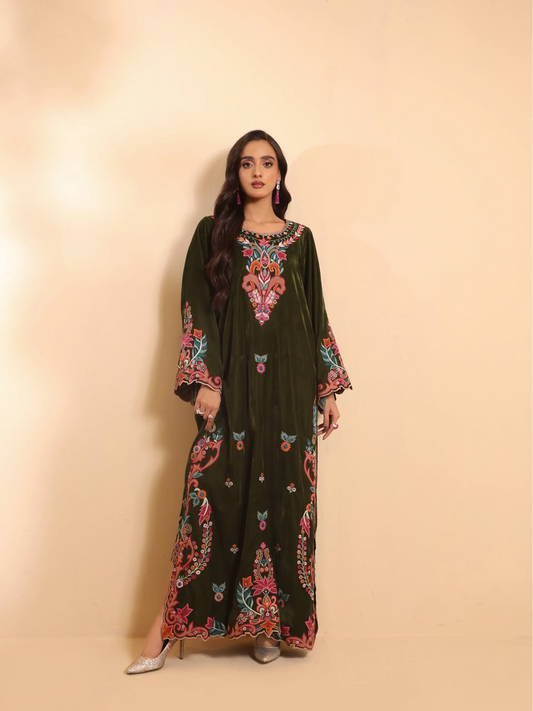 Olive Green Pure Velvet Embroidered Kaftan - Zara