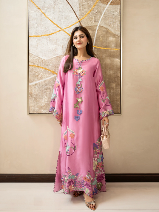 Pastel Pink Silk Embroidered Motif Kaftan with Tassels