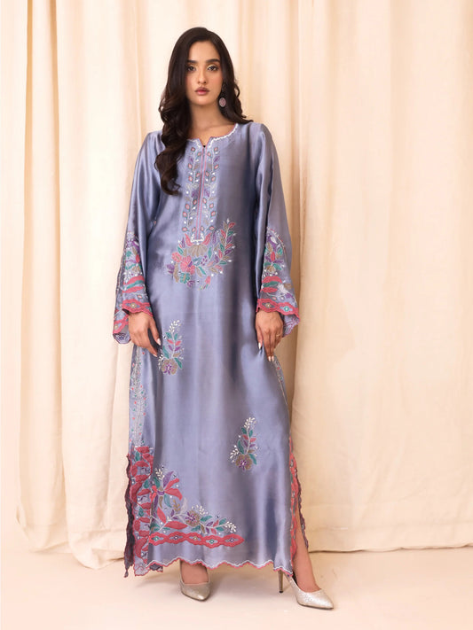 Periwinkle Blue Shisha Silk Embroidered Kaftan - Sania