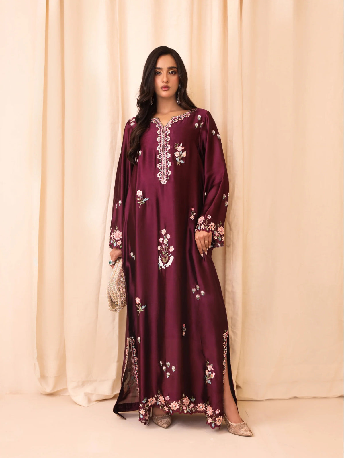 Silk Hand-Embellished Embroidered Kaftan - Reene