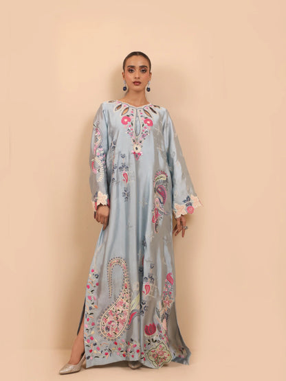 Ice Blue Sheesha Silk Embroidered Kaftan - Myra