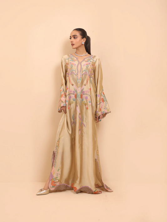 Champagne Beige Shisha Silk Embroidered Kaftan - Rahaa