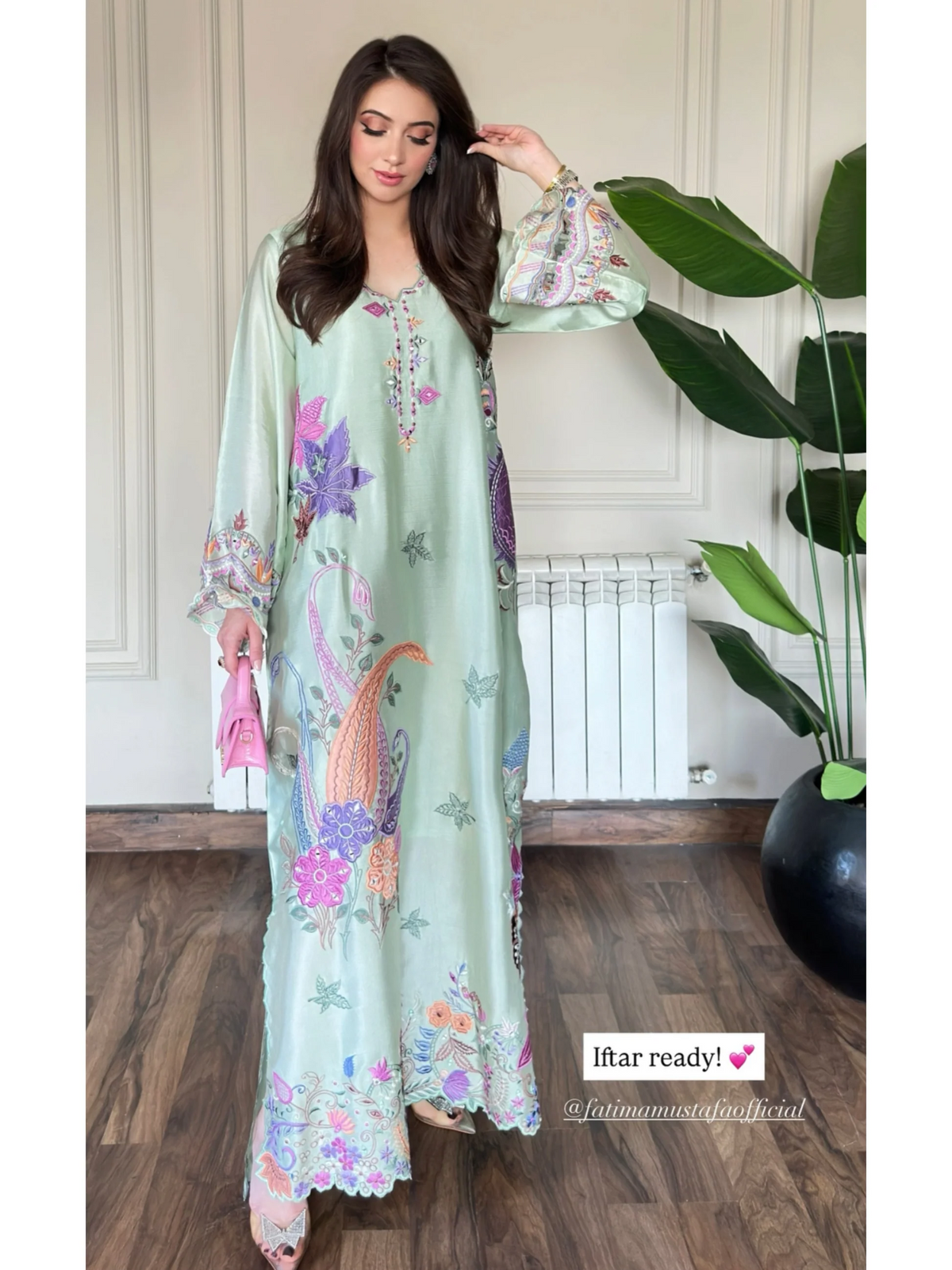Mint Green Shisha Silk Embroidered Kaftan - Minal